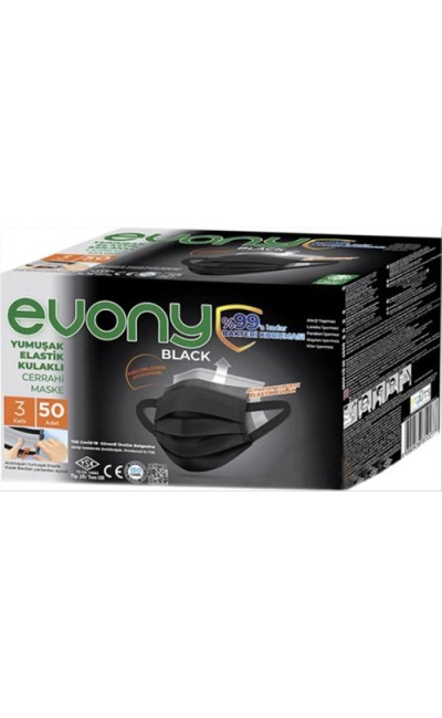 Evony Siyah Elastik Kulaklıklı Cerrahi Maske 50'li