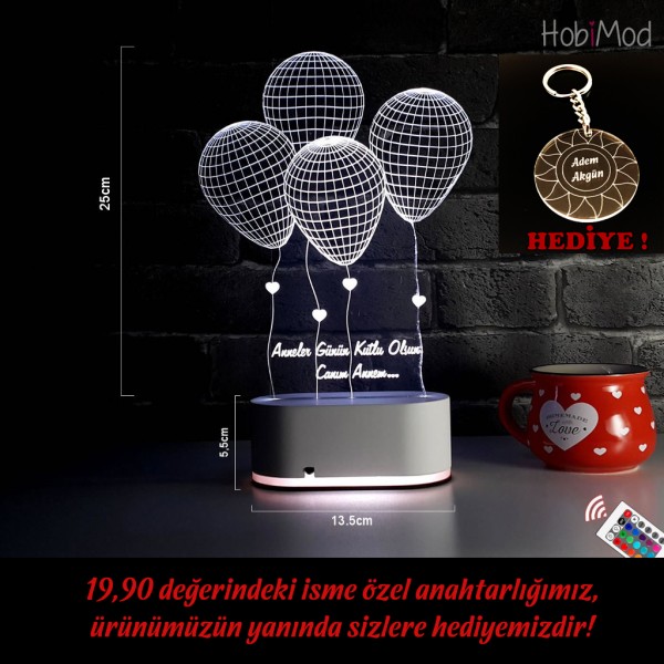 HobiMod 3d 3 Boyutlu Led Masa Gece Lambası Kalpli Balonlar - hm3dr011