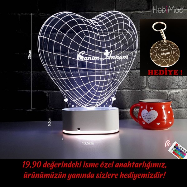 HobiMod 3d 3 Boyutlu Led Masa Gece Lambası Büyük Kalp Canım Annem - hm3dr006