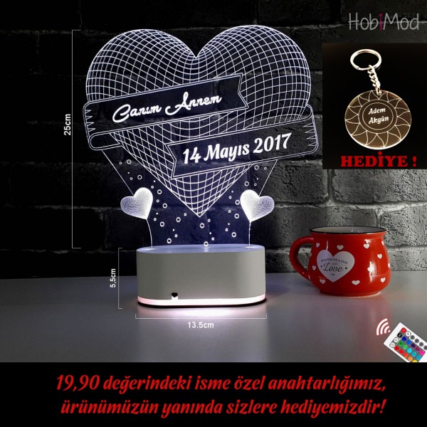 HobiMod 3d 3 Boyutlu Led Masa Gece Lambası Büyük Kalp Tarihli - hm3dr005