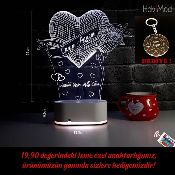 HobiMod 3d 3 Boyutlu Led Masa Gece Lambası 1 Kalp 1 Gül - hm3dr001
