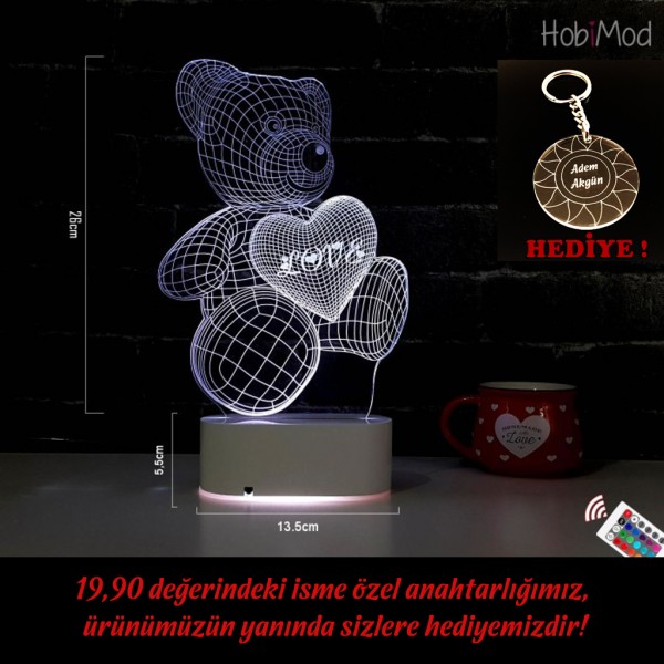 HobiMod 3d 3 Boyutlu Led Masa Gece Lambası Ayıcık Love Kalp - hm3dr024