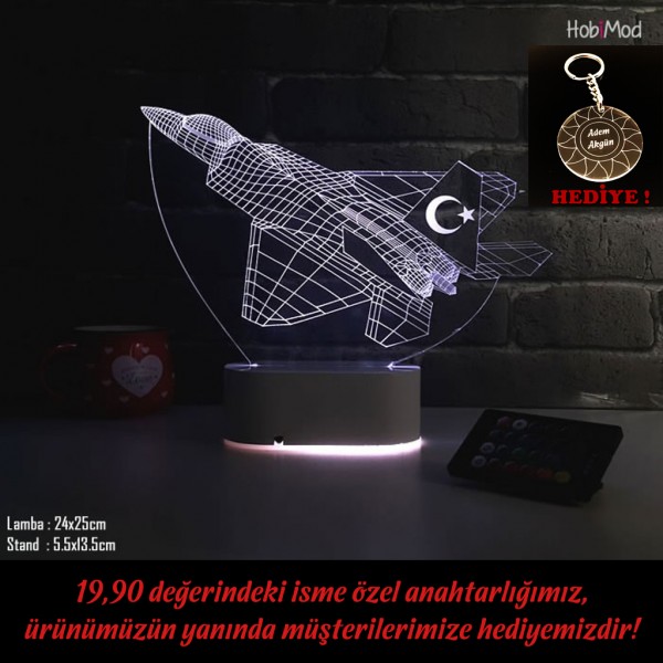 HobiMod 3d 3 Boyutlu Led Masa Gece Lambası F16 Uçak Türk Bayraklı - hm3dr075