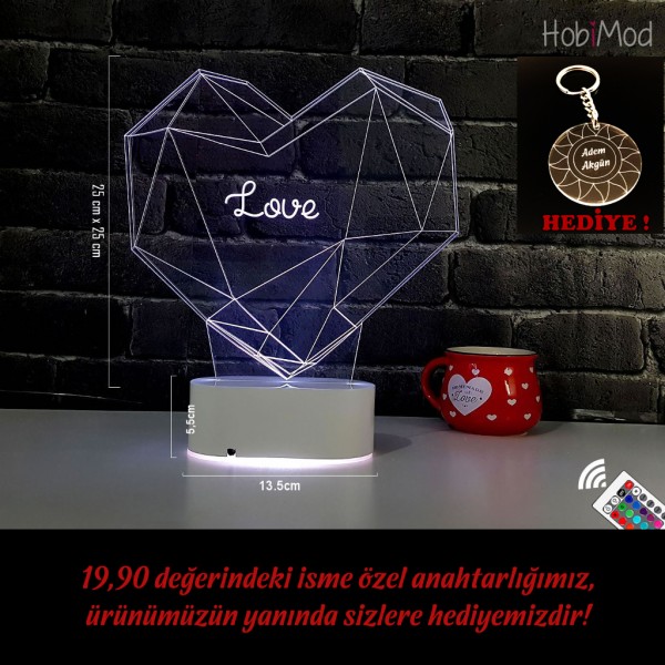 HobiMod 3d 3 Boyutlu Led Masa Gece Lambası Geometrik Kalp Love - hm3dr059