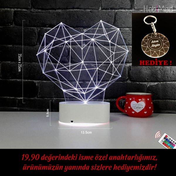 HobiMod 3d 3 Boyutlu Led Masa Gece Lambası Geometrik Kalp - hm3dr034