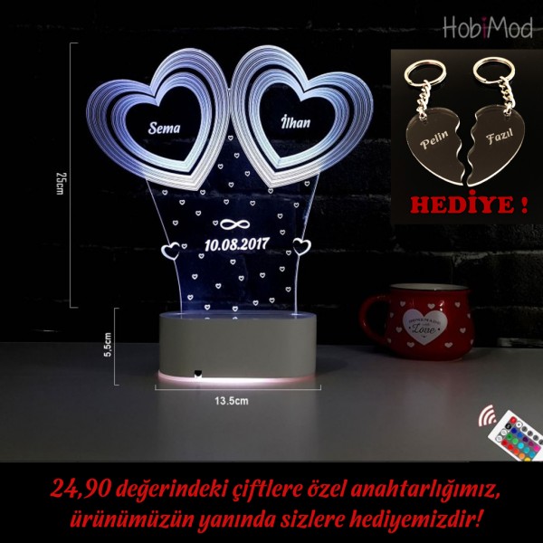 HobiMod 3d 3 Boyutlu Led Masa Gece Lambası Kişiye Özel 2 Kalpli - hm3dr017