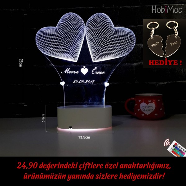 HobiMod 3d 3 Boyutlu Led Masa Gece Lambası Kişiye Özel 2 Kalpli - hm3dr018