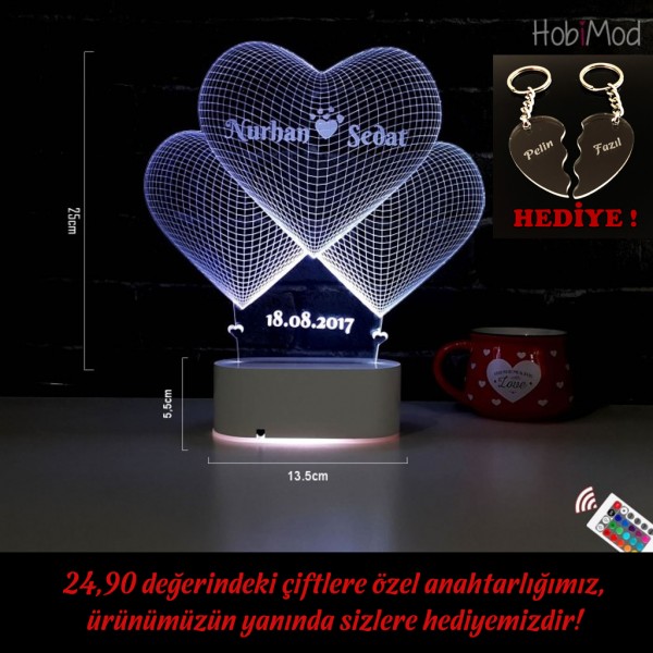 HobiMod 3d 3 Boyutlu Led Masa Gece Lambası Kişiye Özel 3 Kalpli - hm3dr020