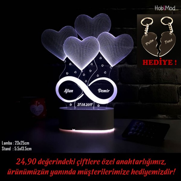HobiMod 3d 3 Boyutlu Led Masa Gece Lambası Kişiye Özel 4 Kalp Sonsuzluk Yıldönümü -  hm3dr077