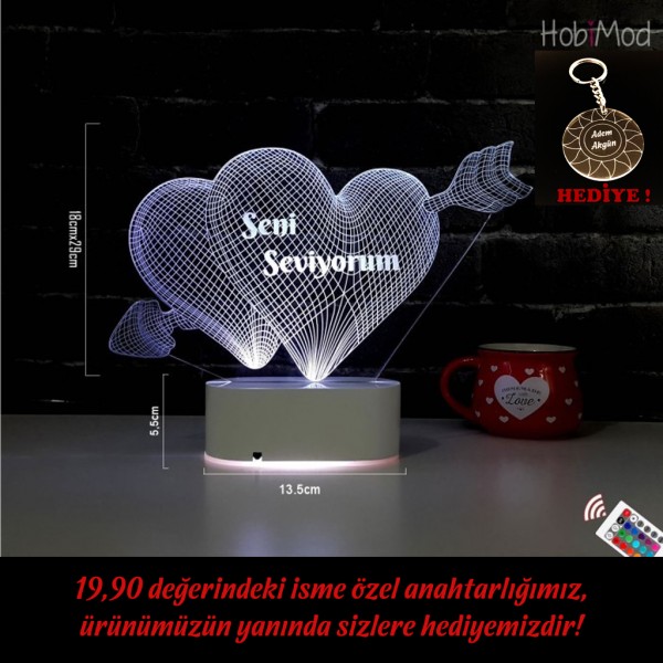 HobiMod 3d 3 Boyutlu Led Masa Gece Lambası Kişiye Özel Oklu Kalp - hm3dr019