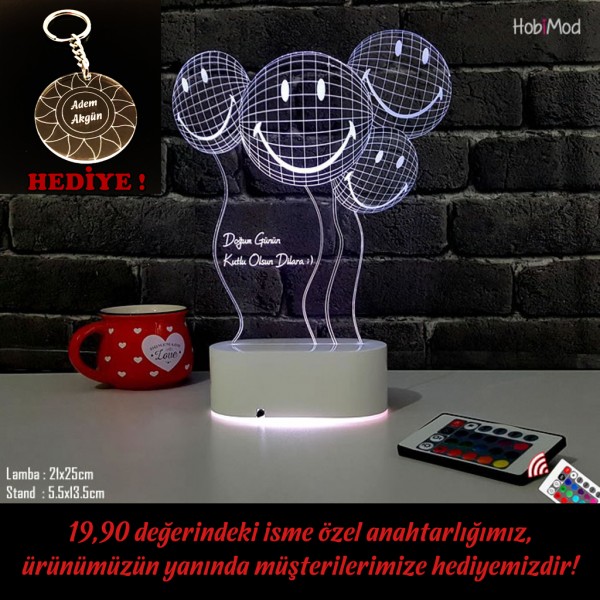 HobiMod 3d 3 Boyutlu Led Masa Gece Lambası Kişiye Özel Kutlama Gülen Balonlar - hm3dr070