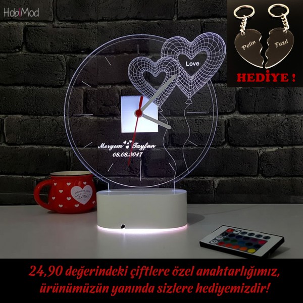 HobiMod Saatli Lamba 3d 3 Boyutlu Kişiye Özel Yıldönmü Dekoratif 2li Balon Kalp - hmst002