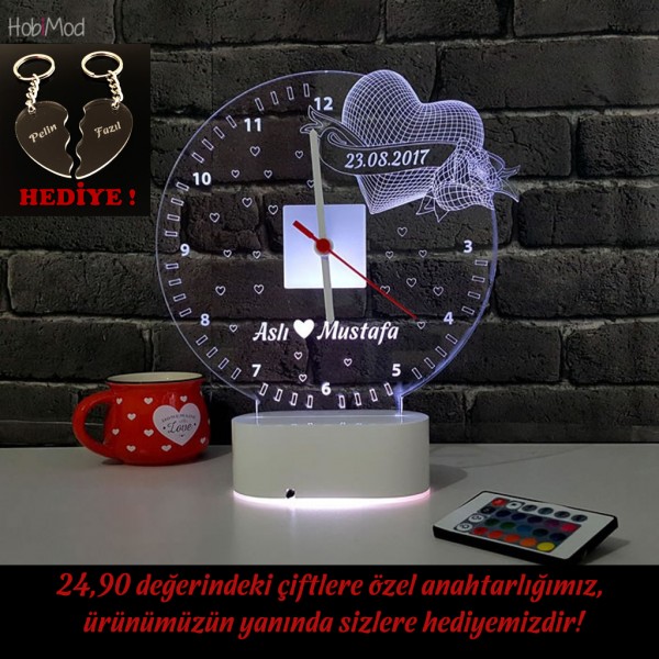 HobiMod Saatli Lamba 3d 3 Boyutlu Kişiye Özel Yıldönmü Dekoratif Kalp Gül  - hmst001