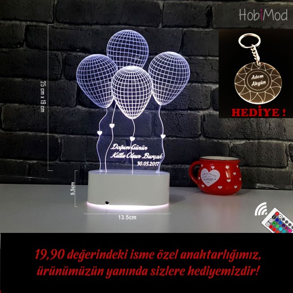 HobiMod 3d 3 Boyutlu Led Masa Gece Lambası Kişiye Özel Kutlama Balon - hm3dr057